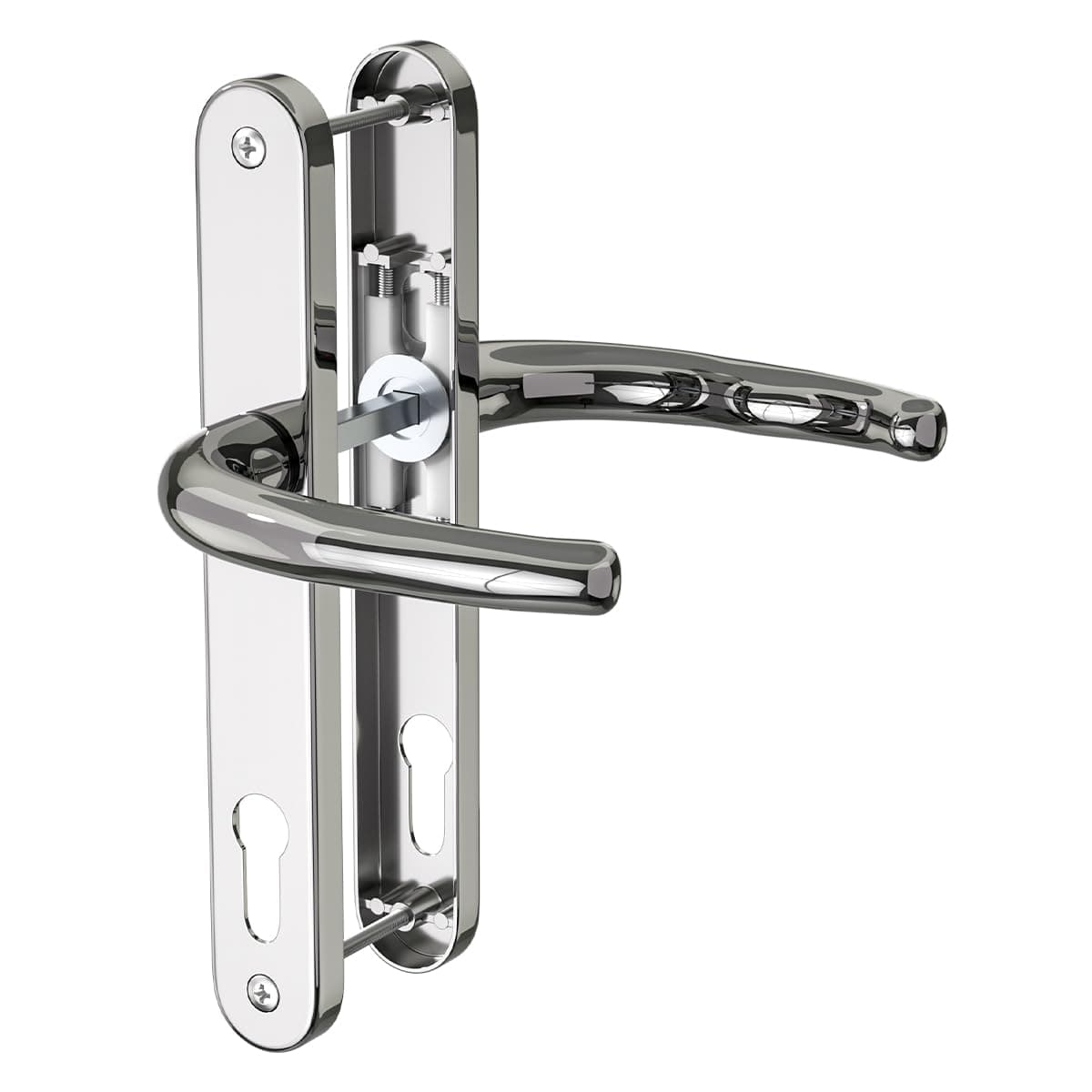 1 Set Polished Chrome UPVC Door Handle Set Stainless Steels 304, 92mm Backset, 210mm Screw Hole Distance, 243mm Plate Length Front Door Handles for UPVC Door