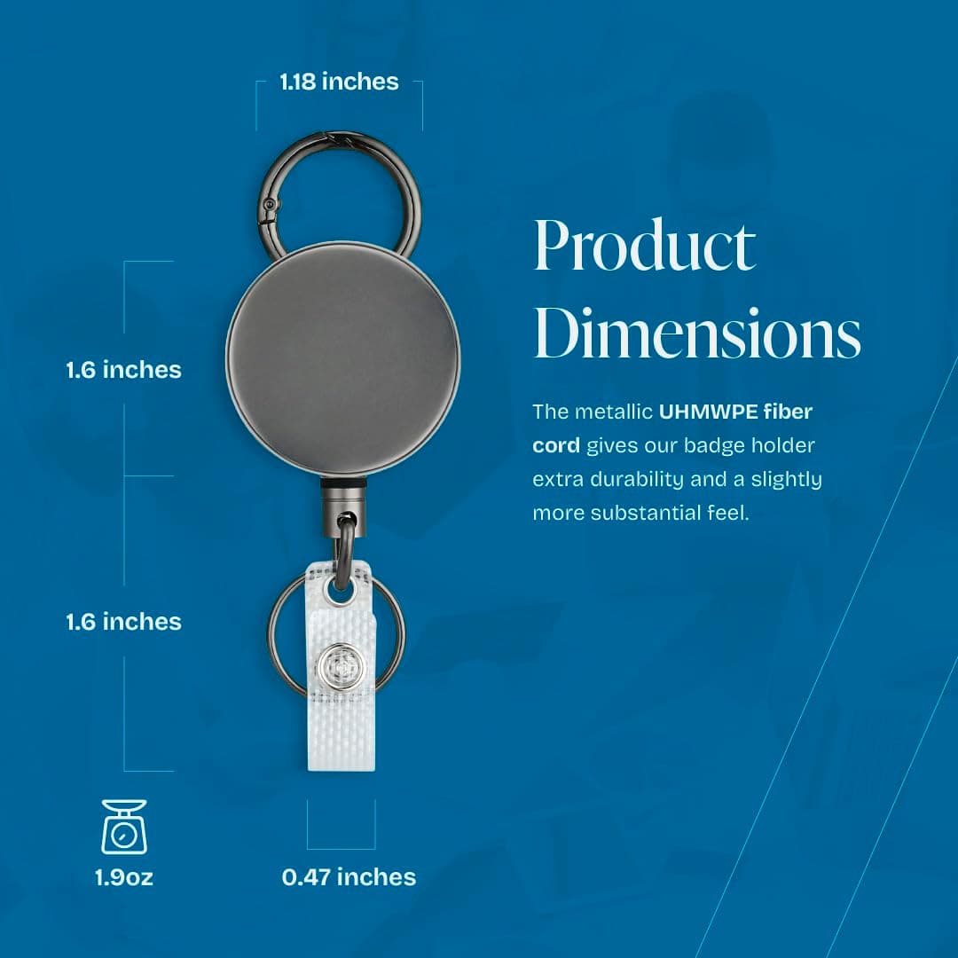 Will Well ID Badge Holder Reel with Clip and Keyring - Heavy-Duty All-Metal Casing with 27.5" UHMWPE Fiber Pull Cord for Durability and Easy Access, Holds up to 8 Keys - 2-Pack, Round, Glossy Silver