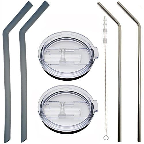 Yeti Lids Tumbler lid 20 oz fits Yeti Ozark (Rtic Does Not Fit New Model) Sliding Splash & Spill Resistant Lid Cooler Cup, 7 Piece 2 Lids with 2 Stainless Steel Straws, 2 Silicone 1 Cleaning Brush