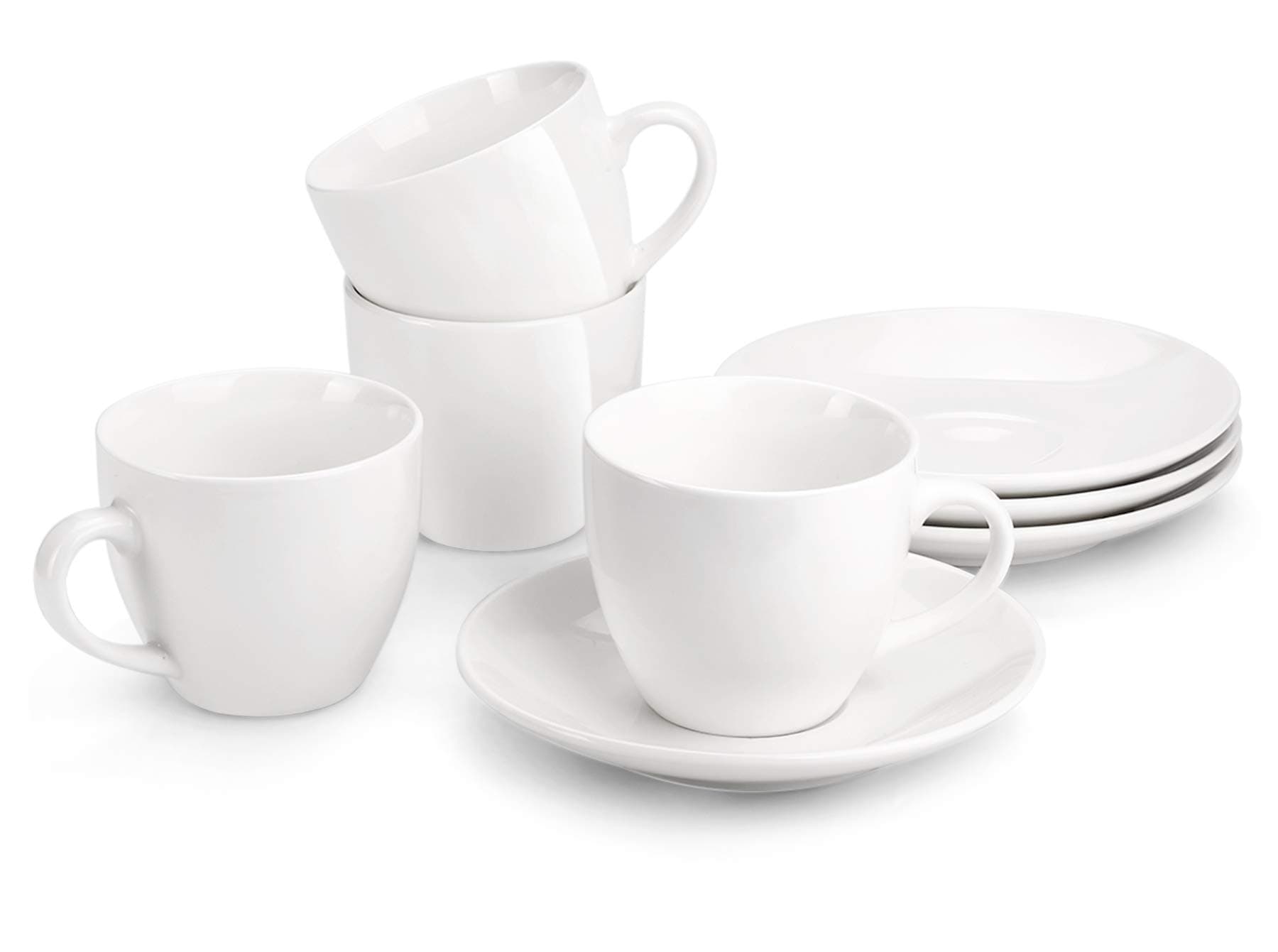 8 Ounce Porcelain Cappuccino Cups with Saucers - Set of 4, Perfect for Specialty Coffee Drinks, Latte, Cafe Mocha and Tea, White