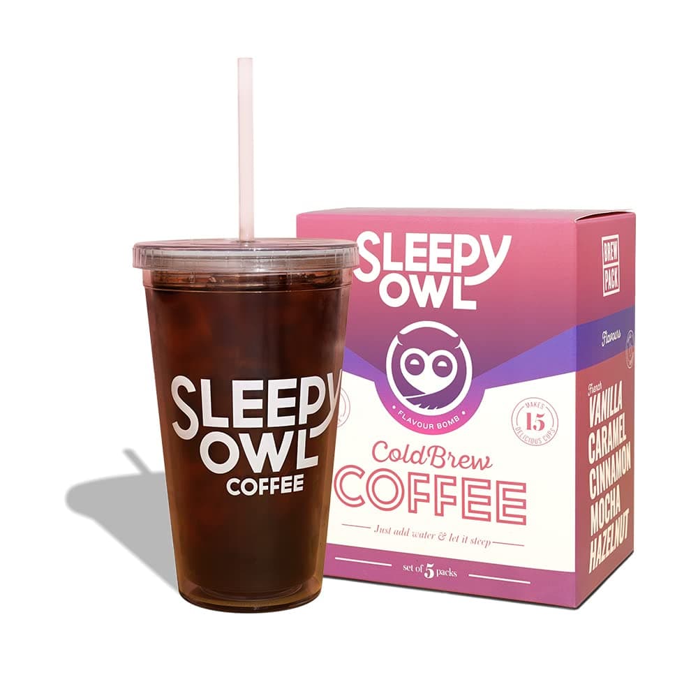 Sleepy Owl Cold Brew Starter Kit | Set of 5 Cold Brew Packs (Flavour Box) + 1 BPA-free Tumbler | Makes 15 Cups |100% Arabica Coffee