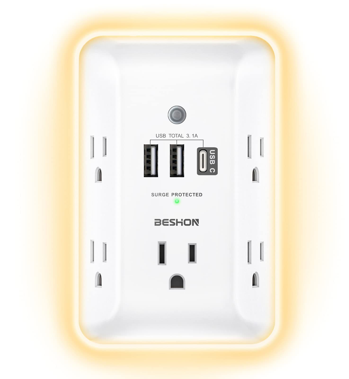 Outlet Extender with Night Light, 5 Outlet Surge Protector Power Strip with 3 USB Ports (1 USB C Port), BESHON 1800J 3 Sided Multi Plug Outlet Splitter for Home, Office, ETL Listed…