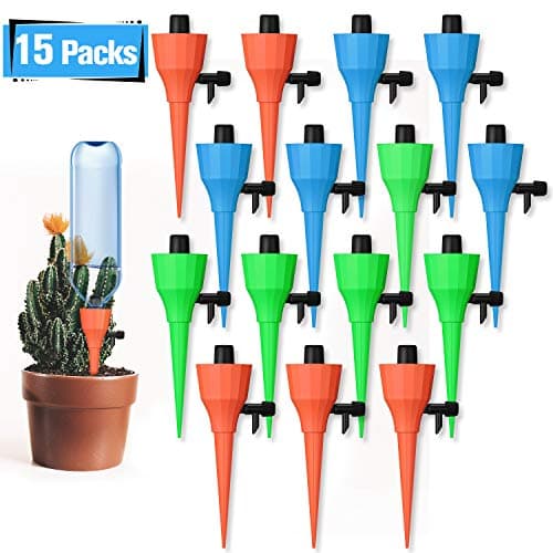 2019 Upgraded Plant Watering Spikes Self Watering Devices with Slow Release Control, 15 Pack/Set Automatic Plant Waterer Self Irrigation Drip Devices for Bottles for Plants Flower Vegetables