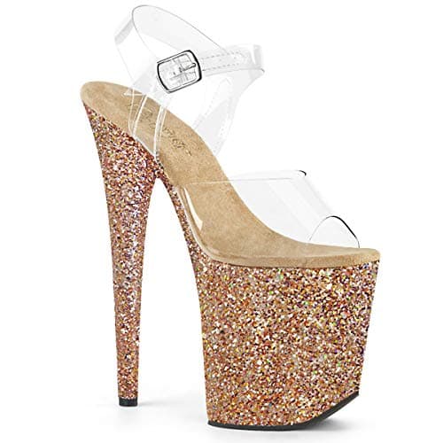 FLAMINGO-808LG - 8" Heel Ankle Strap Sandal with 4" Holographic Glittered Platform Rose Gold Chrome 8