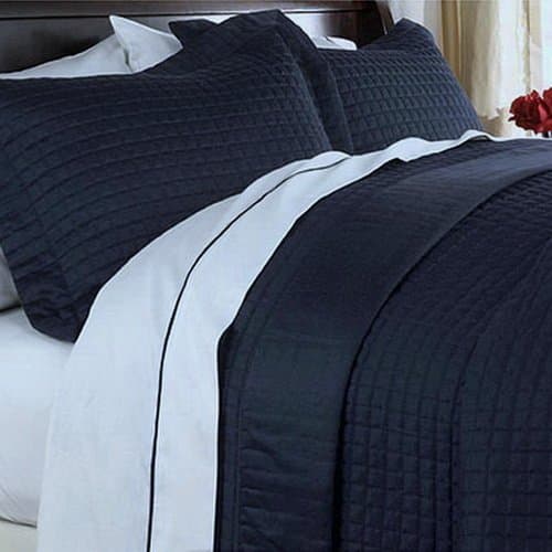 Coverlet and Shams Set Modern 3 Piece Full Queen Size Double Quilted Geometric Pattern Solid Navy Blue Lightweight Reversible Soft Quilt Bedding