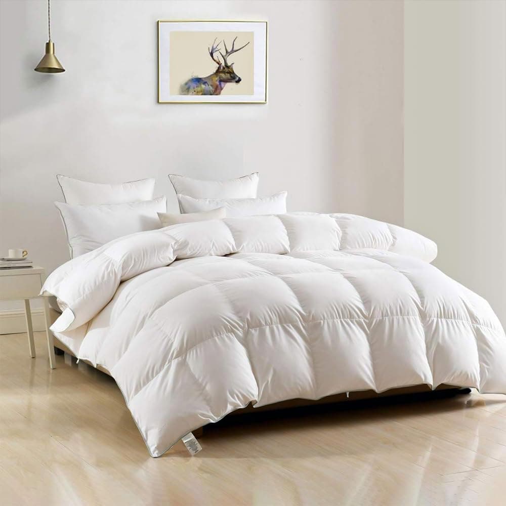 Luxury Oversized King Down Feather Fibers Comforter, Soft Cotton Blend Cover, High Fill Power Medium Weight, Fluffy Down Feather Fibers Duvet Insert with Ties (120x98 Inches, White)