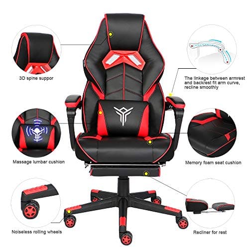 YOURLITEAMZ Racing Gaming Chair with Footrest and Massage Lumbar Pillow, Swivel Height Adjustable Reclining PU Leather Video Game Chair, E-Sports Gaming Chair Big and Tall (Red)