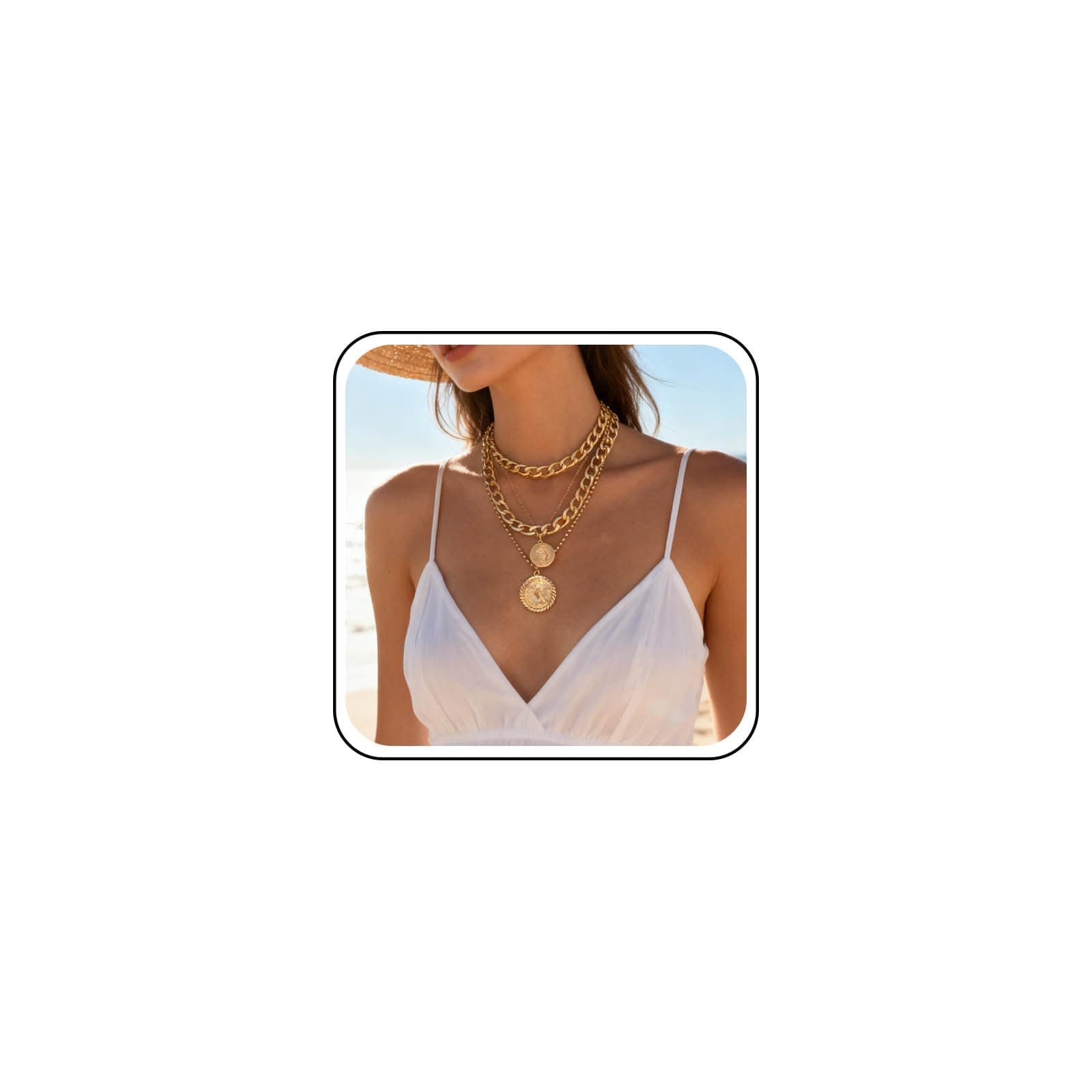 Punk Chunky Chain Necklace Exaggerated Layered Cuban Link Chain Necklace Multilayer Carved Coin Pendant Necklaces Thick Choker Jewelry for Women (Gold)