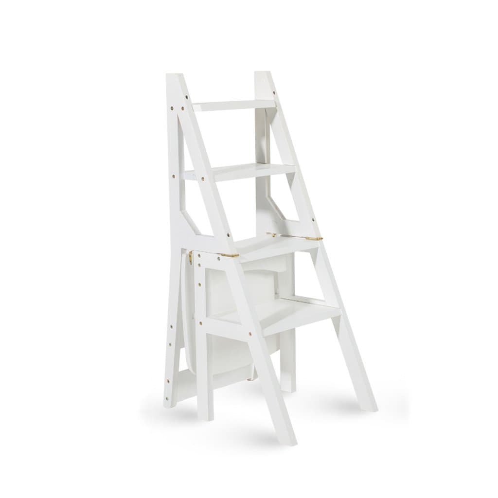 Solid Wood Multifunction Ladder Chair Home Kitchen Dual-use Folding Stairs Chair Moveable 4 Steps Ladder Ascending Stool (Color : White)