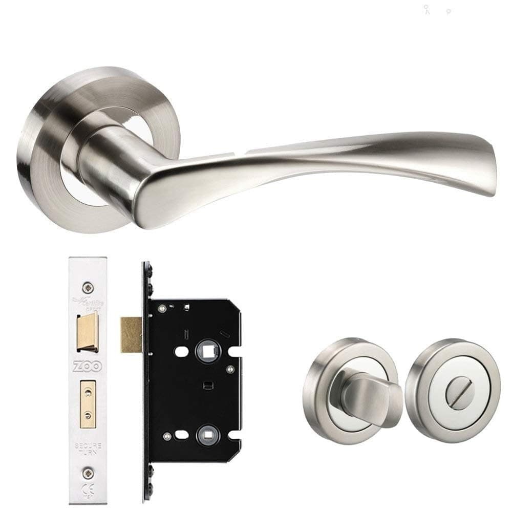 Astrid/Twirl Internal Door Handles Lever On Rose - Dual Finish Polished Steel/Satin Steel, Latch, Bathroom & Key Lock Sets (Bathroom Set)