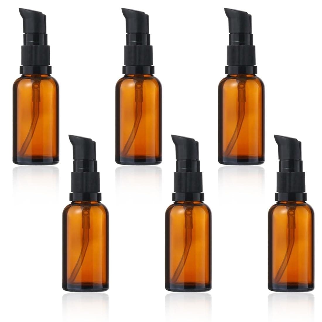 GVEYIQK Pack of 6 30 ml Empty Glass Bottles Brown Amber Glass Lotion Bottles Lotion Dispenser Brown Glass Bottle with Pump Essential Oils Bottles Travel Bottles Cream Lotion Bottle Pump Bottle