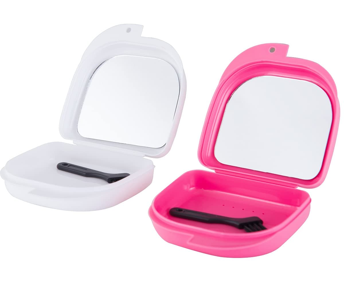 Retainer Case with Mirror, Mouth Guard Case, Orthodontic Dental Retainer Box, Denture Storage Container, Comes with a free small brush, 2 Pieces