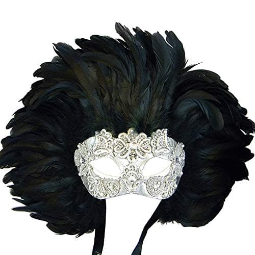 Eyes Wide Shut Silver Macrame Colombina Feathered Venetian Mask