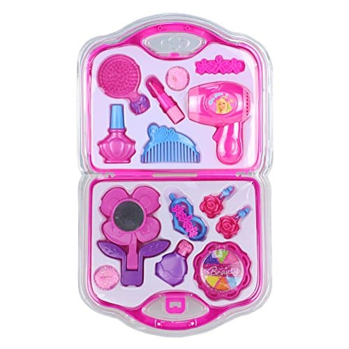 Fajiabao Makeup Case Make up Set Cosmetic Box Kit Pretend Play Toy Indoor Family Games for Girls Kids Beauty Hair Salon -Color Pink