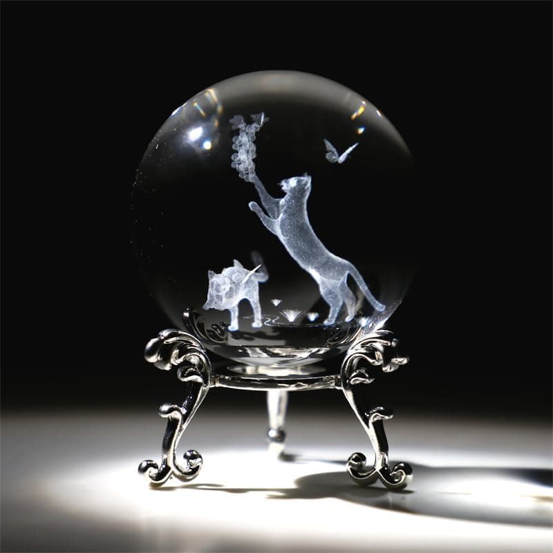 ZEERSHEE 60mm 3D Glass Laser Crystal Ball with Stand - Cat Gift & Paperweight for Cat Lovers