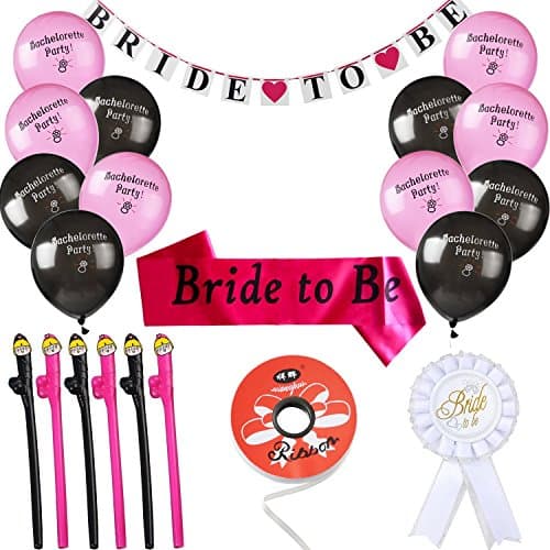 Bachelorette Party Decorations Kit Include Bride to Be Banner, 12 Black & Pink Balloons, Sash, 6 Straws, Bridal Shower Party Favors and Supplies
