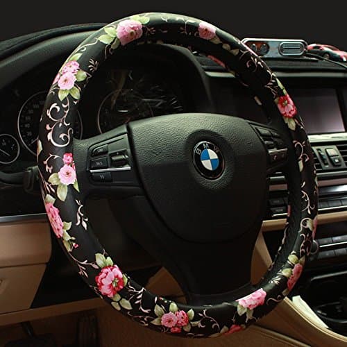 Black and Red Flower Vintage Leather Steering Wheel Cover Printing 15”
