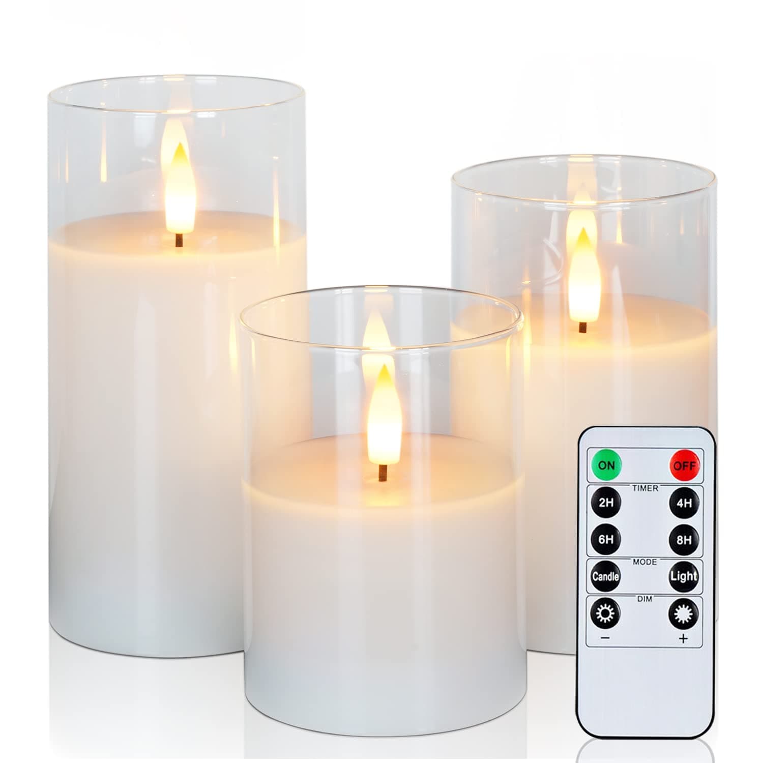 Amagic Clear Glass Flameless Candles Battery Operated with Timer, Remote Control, LED Pillar Candles, Battery Powered, Valentine's Day Decor, Pure White Wax, Set of 3