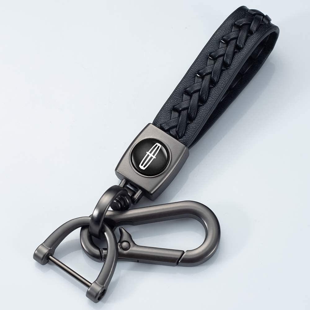 Black Color Car Logo Keychain Leather Braided Weave Key Lanyard Key Ring Car Accessories (Fit Lincoln)