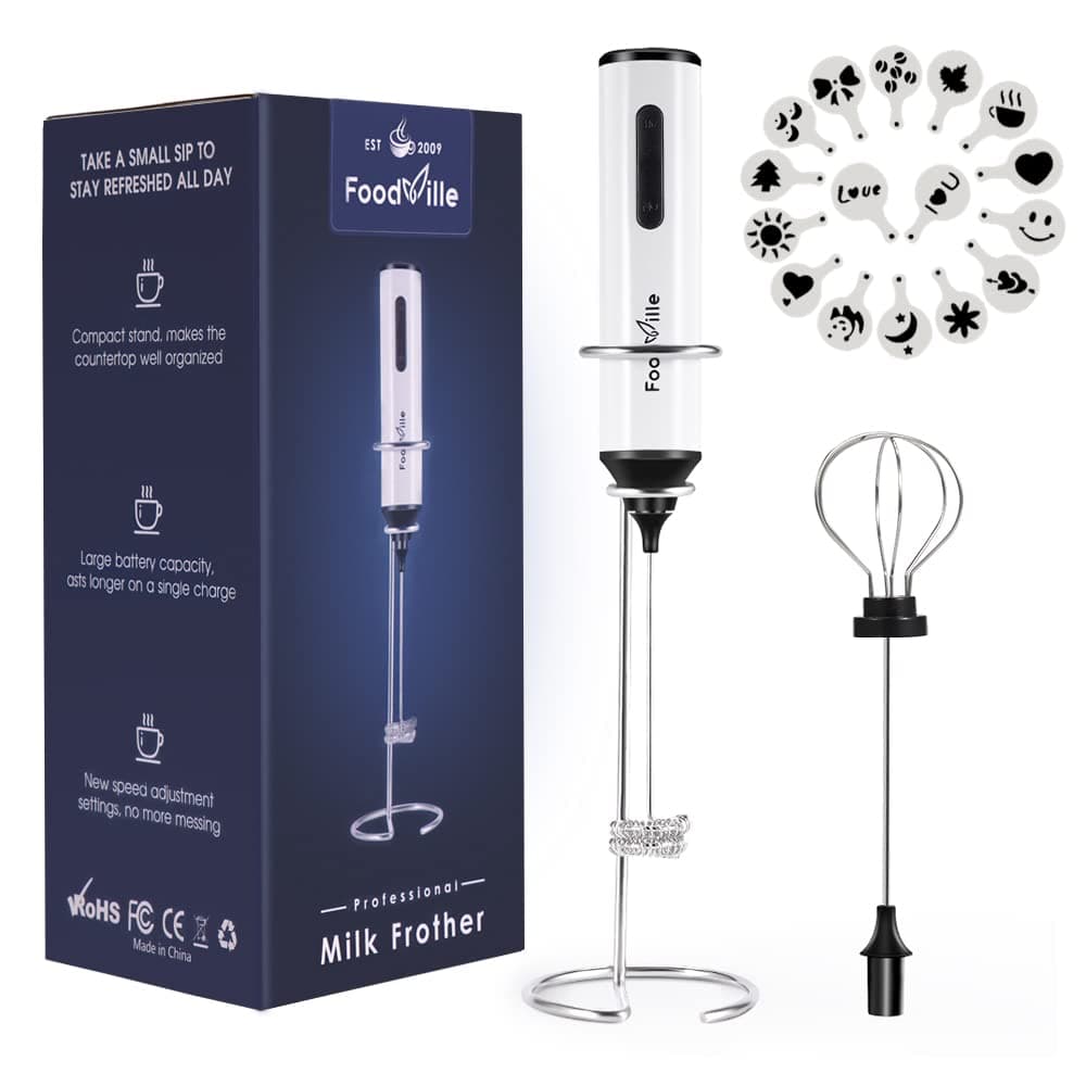 MF05 Rechargeable Milk Frother USB Charging Handheld Foam Maker with Stainless Balloon Whisk for Cappuccino, Latte, Bulletproof Coffee, Keto Diet, Protein Powder, Matcha (White with Stand)