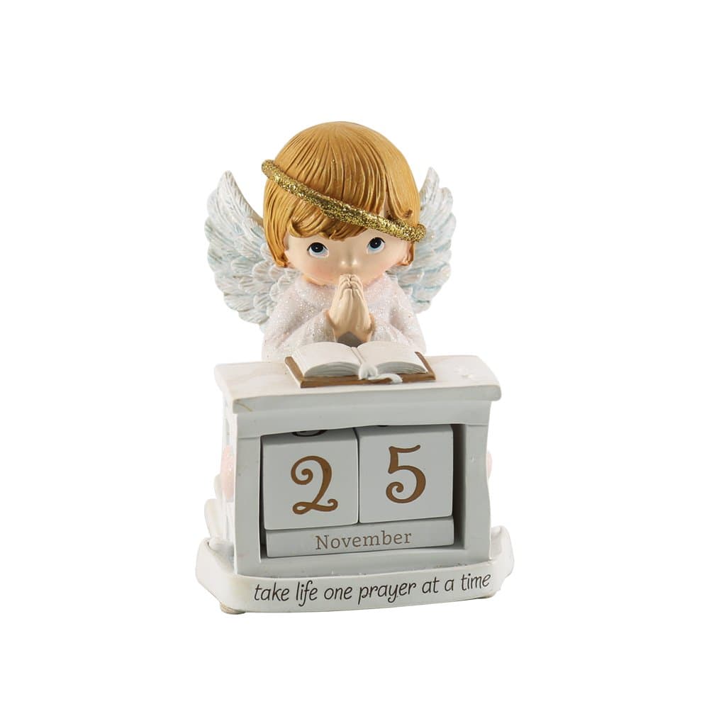 Nbegin Resin Colored Bisque Matte Prayer Angel Perpetual Calendar Home Office Decor Statue Desktop Eternal Calendar Blocks (calendar ornament)