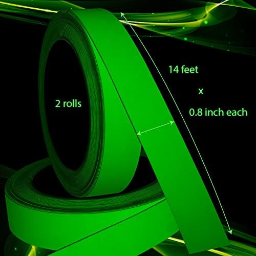 2 Rolls Glow In The Dark Tape 14' Length Prime Fluorescent Luminous Sticker Rechargeable Waterproof Duck Tape Photoluminescent Masking Safe for Kids Eco Friendly Outdoor Neon Glow Stairs Reflective