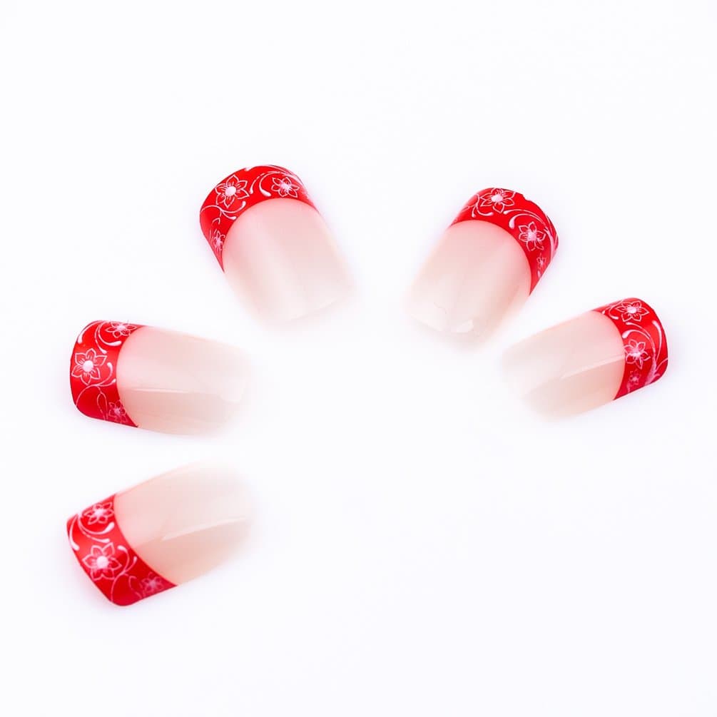 KeeNail Nail Art Pre-design Acrylic Fake French Nails Short Glitters Sakura Red 24 Piece Set