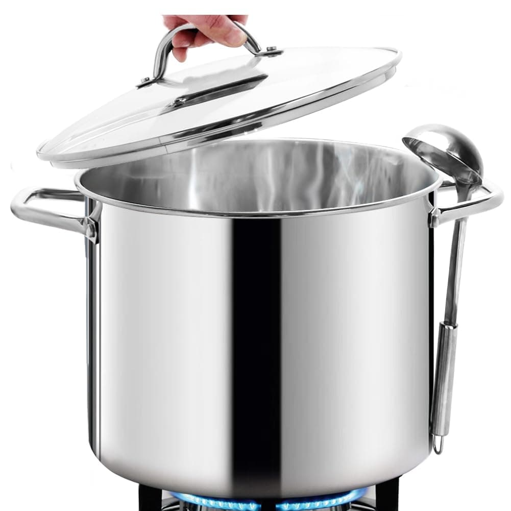 16 Quart LARGE Stock Pot with Glass Lid - NICKEL FREE Stainless Steel Healthy Cookware Stockpots with Lids 16 Quart - Mirror Polished Induction Cooking Pot