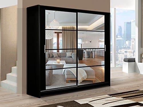 Sliding Mirrored 2 Door Wardrobe - DAKOTA Black Matt W160/H215/D61cm Modern Bedroom Wardrobes With Mirror Double Wardrobe For Bedroom With Two Doors Shelves Hanging Rail