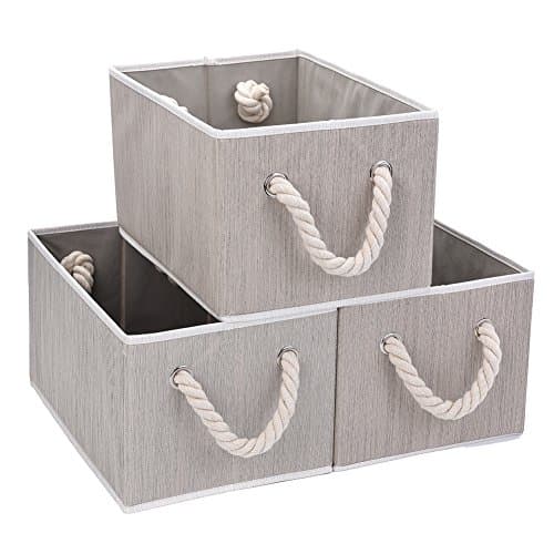 JS HOME Foldable Basket Organizer Bin, Polyester Storage Box with Strong Cotton Rope Handle, Grey, Large, 3-Pack