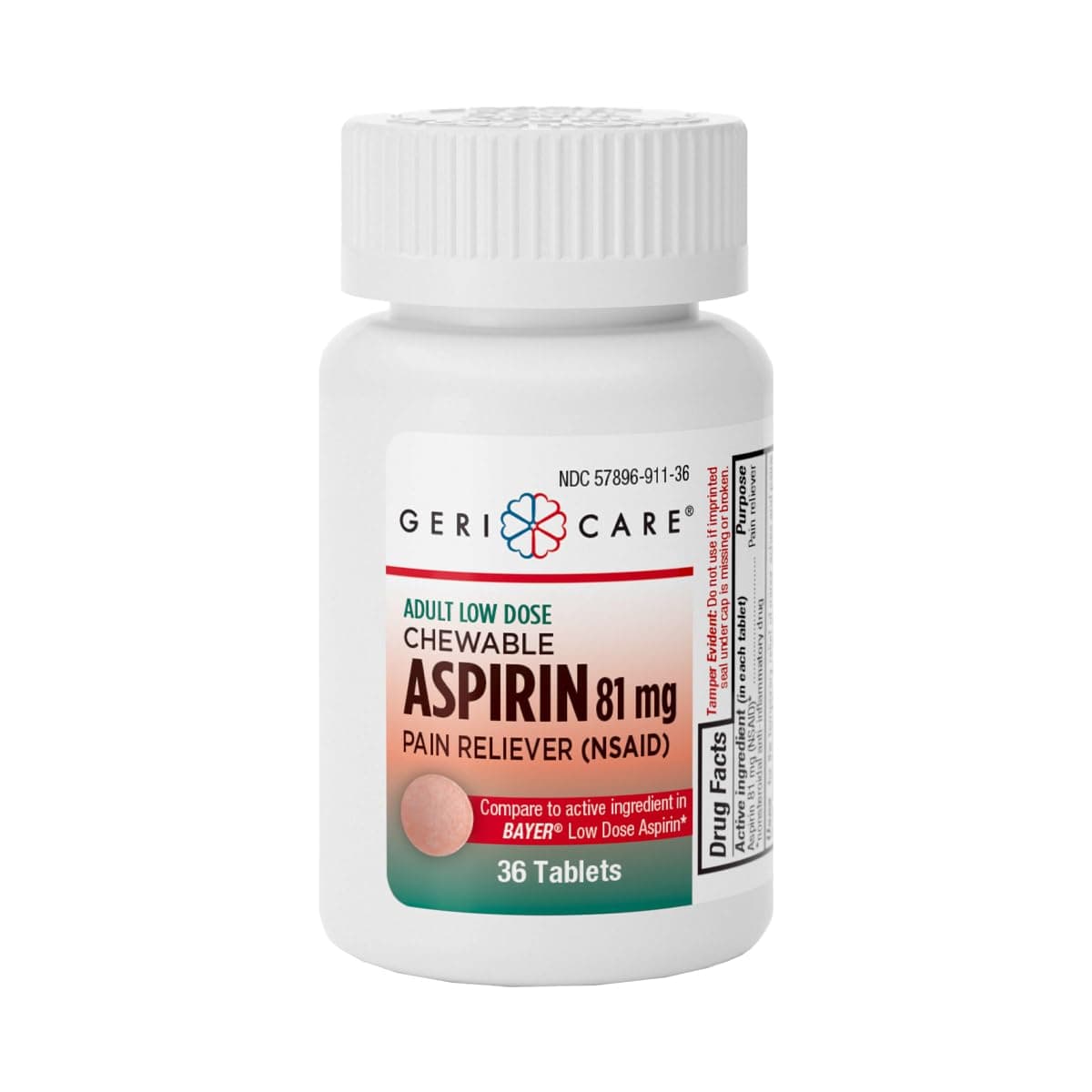 GeriCare Low Dose Adult Chewable Aspirin 81mg, Pain Reliever, Fever Reducer, 36 Count (Pack of 1)