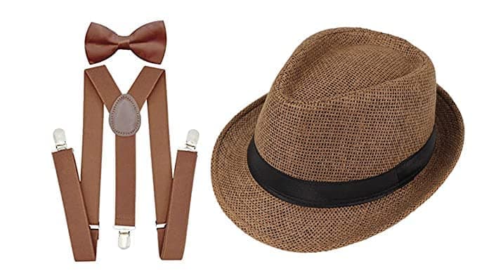 Suspender and Bow Tie Set with Brown Hat for Men- (Brown)