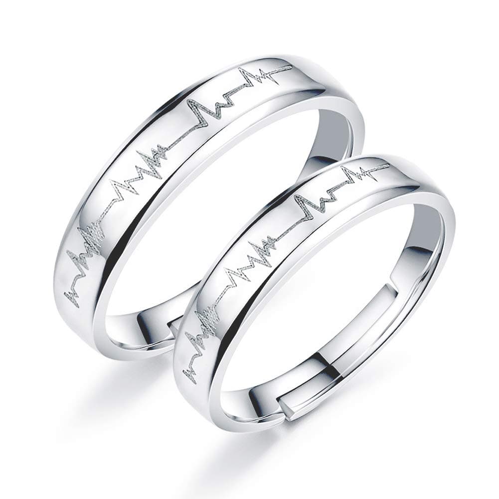 EQLEF Heartbeat Ring, 1 set Electrocardiogram Promise Rings Couples Open Adjusted Ring for Wedding Bands Engagement Rings