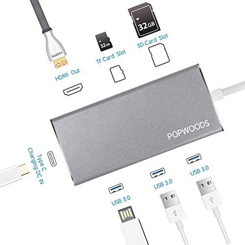 USB C Hub, 7-in-1 Type C Hub POPWOODS Portable Type C Adapter USB C to HDMI 1.4 4K UHD/USB 3.0 with TF Card Slot SD Card Slot Support Power Delivery 2.0 Quick Charge for MacBook 2017