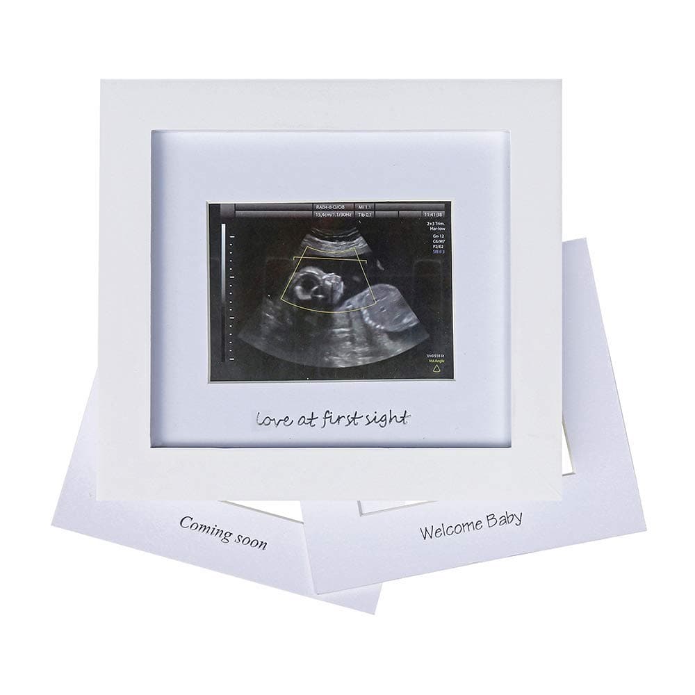 IHEIPYE Baby Sonogram Photo Frame - Ultrasound Picture Frame for Expecting Parents, Baby Showers, Gender Reveal Parties, Nursery Decor (Silver Text, White)