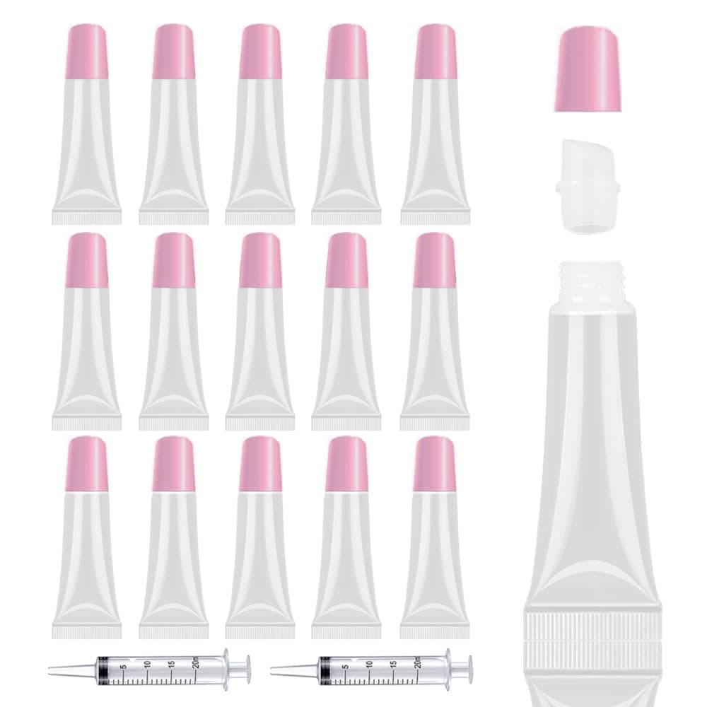 50PCS Lip Gloss Tubes Empty 10ml Pink Cap Lip Gloss Containers Lip Balm Tubes Cute Squeeze Tubes Lipgloss Making Supplies Ideal Lip Gloss Kit + 2 x 20ml Syringes Tag Labels Stickers for Lip Gloss Base
