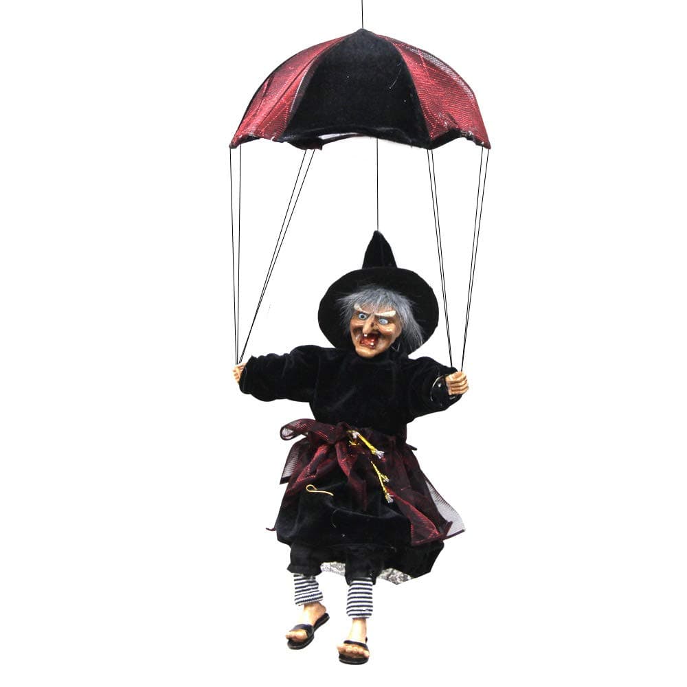 PICOOO Halloween Decorations Haunted Witch, 20.5 Inch Hanging Animated Wiggling Witch with a Parachute (Black)