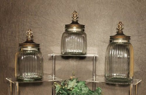 GLASS FLEUR DE LIS CANISTERS WITH SWAROVSKI CRYSTALS SET OF 3