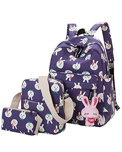 ABage Canvas Backpack Set 3 Pieces Patterned Bookbag Laptop School Backpack, Purple2