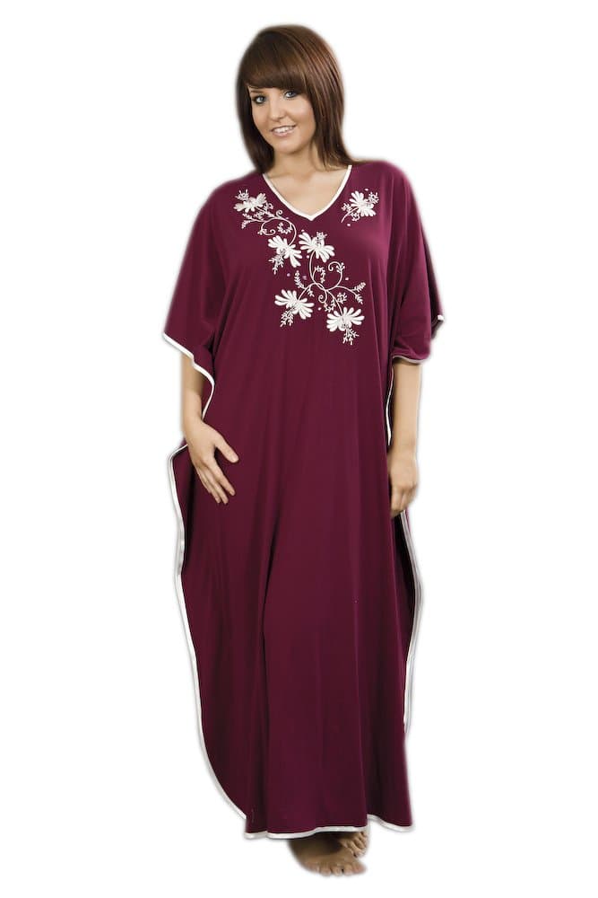 Lamatex Ladies Embroidered Satin Long Trim Kaftan FREE SIZE Burgundy