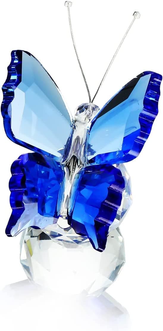 H&D Hyaline&Dora Crystal Flying Butterfly with Crystal Ball Base Figurine Collection Cut Glass Ornament Statue Animal Collectible (Blue)