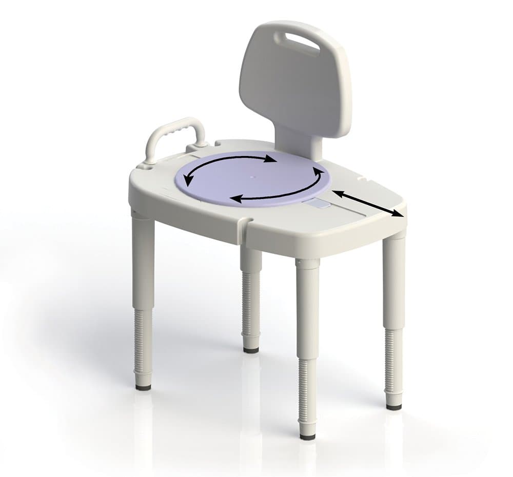 SP Ableware727142701 Sliding-Rotating Shower/Bath Transfer Bench With Back, White, Height Adjustable Leg, Bariatric