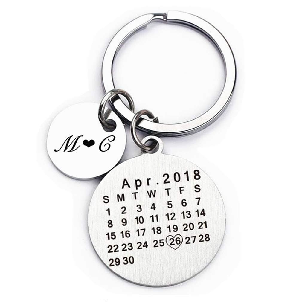 Kooer Personalized Engraved Calendar Key Chain Necklace Engrave Special Day Key Ring Gift For Couples