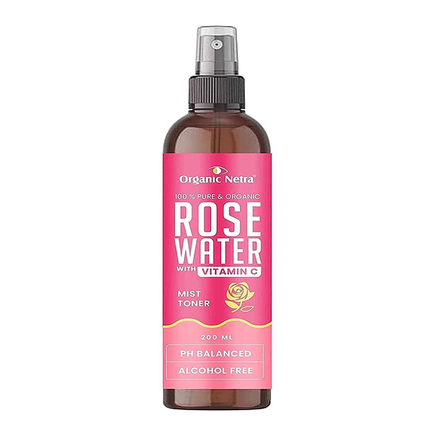 Organic Netra Rose Water with Vitamin C Exfoliates The Skin and Controls Oil Excellent for Clearing Away Makeup & Dirt from Pores Mist Spray for All Skin Type Paraben & Alcohol Free, 200ml