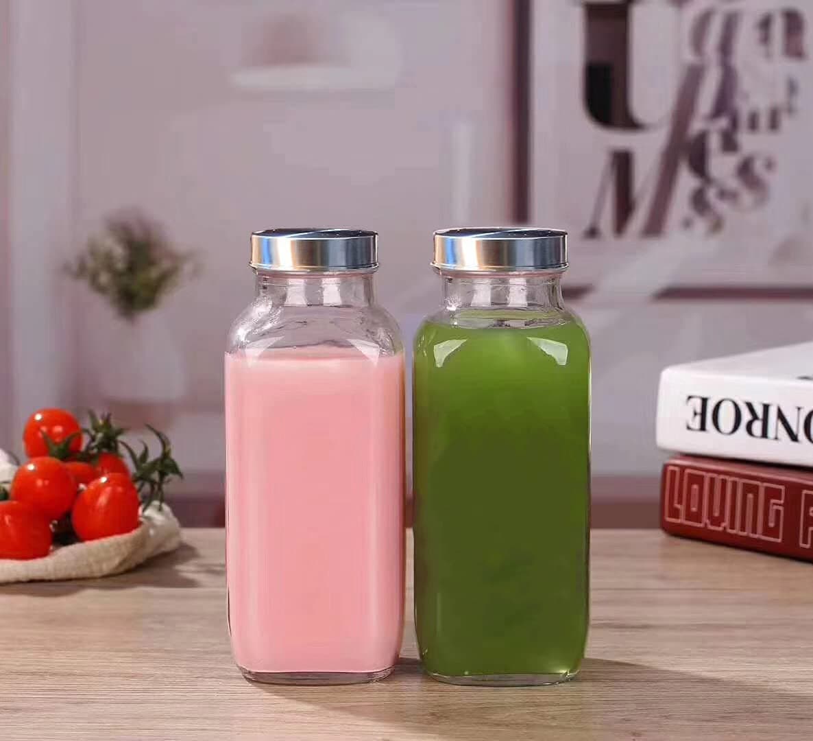 Brezzycloud 500ml French Square Reusable Travel Glass Juice Bottle with Metal Silver Lid, Perfect for Home, Travel, Juicing, Water, Smoothie - 500ml - Set of 4