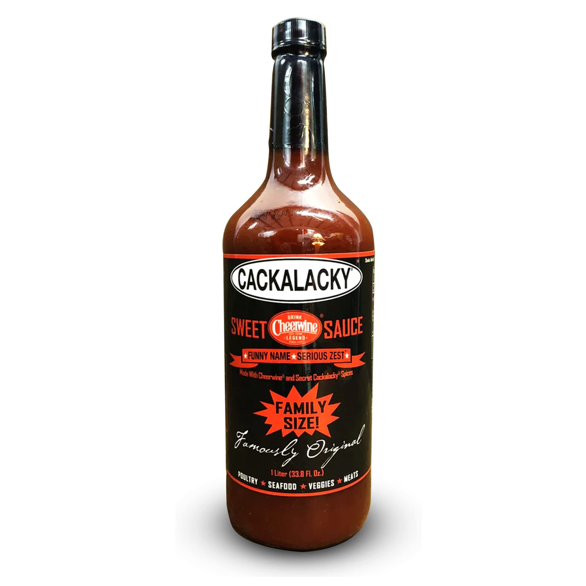 Famously Original Cackalacky Cheerwine Sweet Sauce - 33.8 oz Large Bottle - Southern Style Cherry-Flavored Barbecue Sauce, Ideal for Family BBQs, Marinades & Dips, Crafted with Natural Ingredients