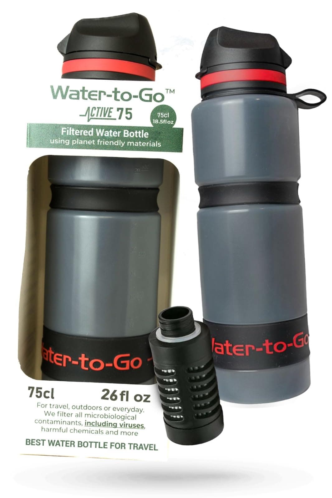 Water-to-Go Water Filter Bottle for International Travel - 24oz/75cl Filtered Water Bottle for Portable Purification - Eco-Friendly Bioplastic, New Leak-Proof Lid, Filters Viruses Most Bottles Miss