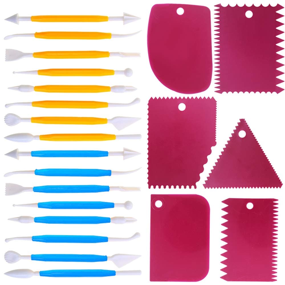DaKuan Fabulous Cake Scraper Smoother and Fondant Kit - 6 Pcs Decorative Scrapers Polisher and 16 Pcs Modeling and Sculpting Tools