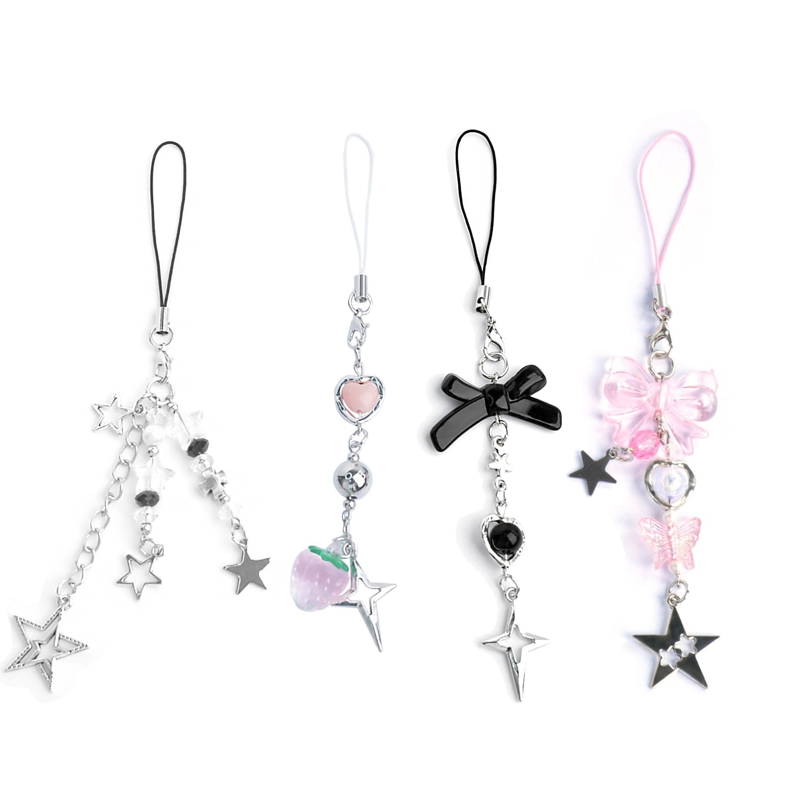 1-4PCS Cute Phone Charms Aesthetic Y2K Cellphone Charms Strap Pink Strawberry Butterfly Star Charm Y2K Accessories for Phone Bag Keychain Airpods Camera Pendants Decor