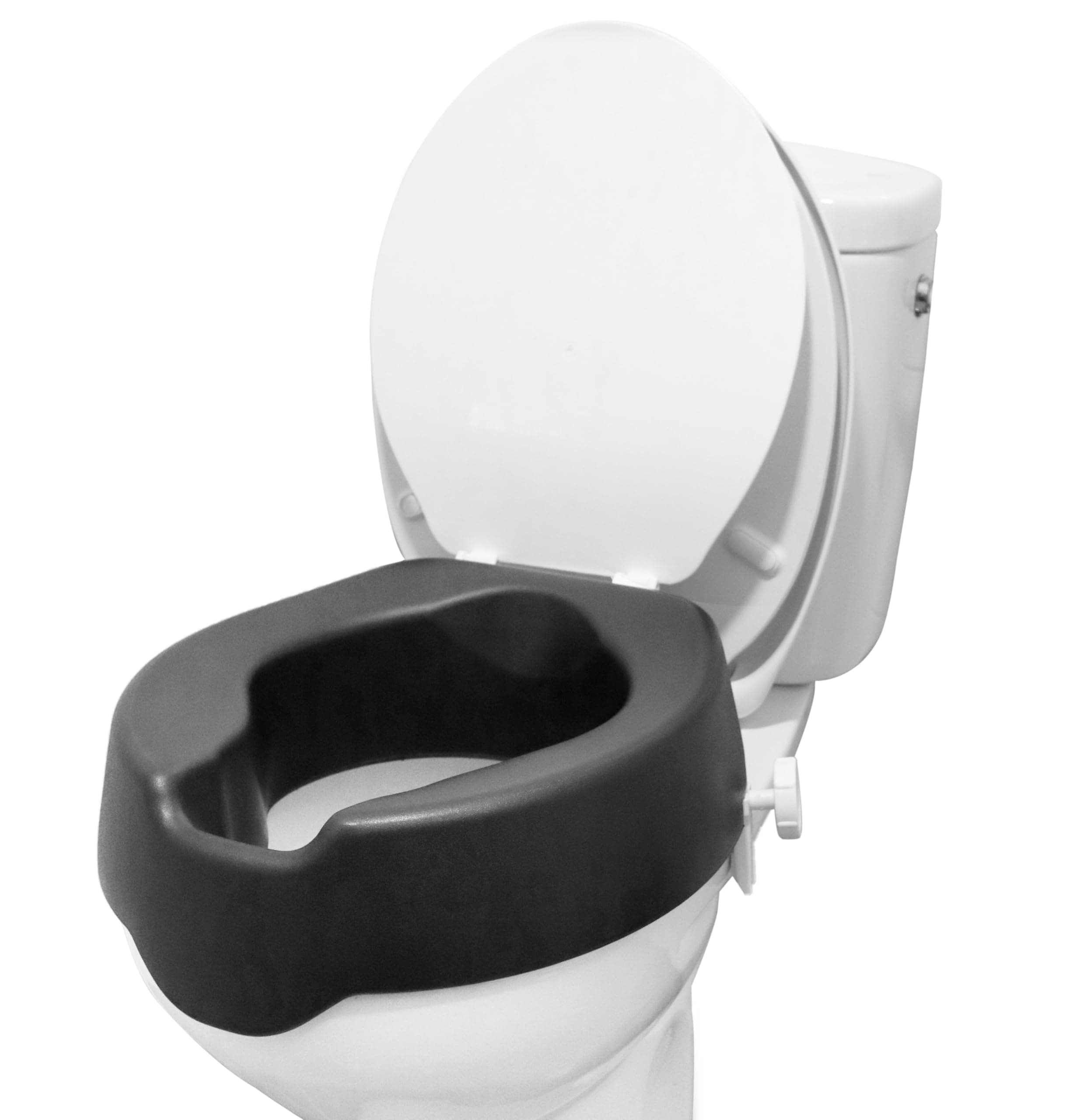 KMINA 4 Inch Soft Raised Toilet Seat with Lid, 300 lb Capacity, Fits Round & Compact Elongated Bowls up to 15" Wide, Tool-Free Clamp-On Riser, Black